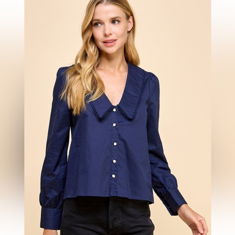 TCEC Collared Long Sleeve Blouse 100% Cotton Navy